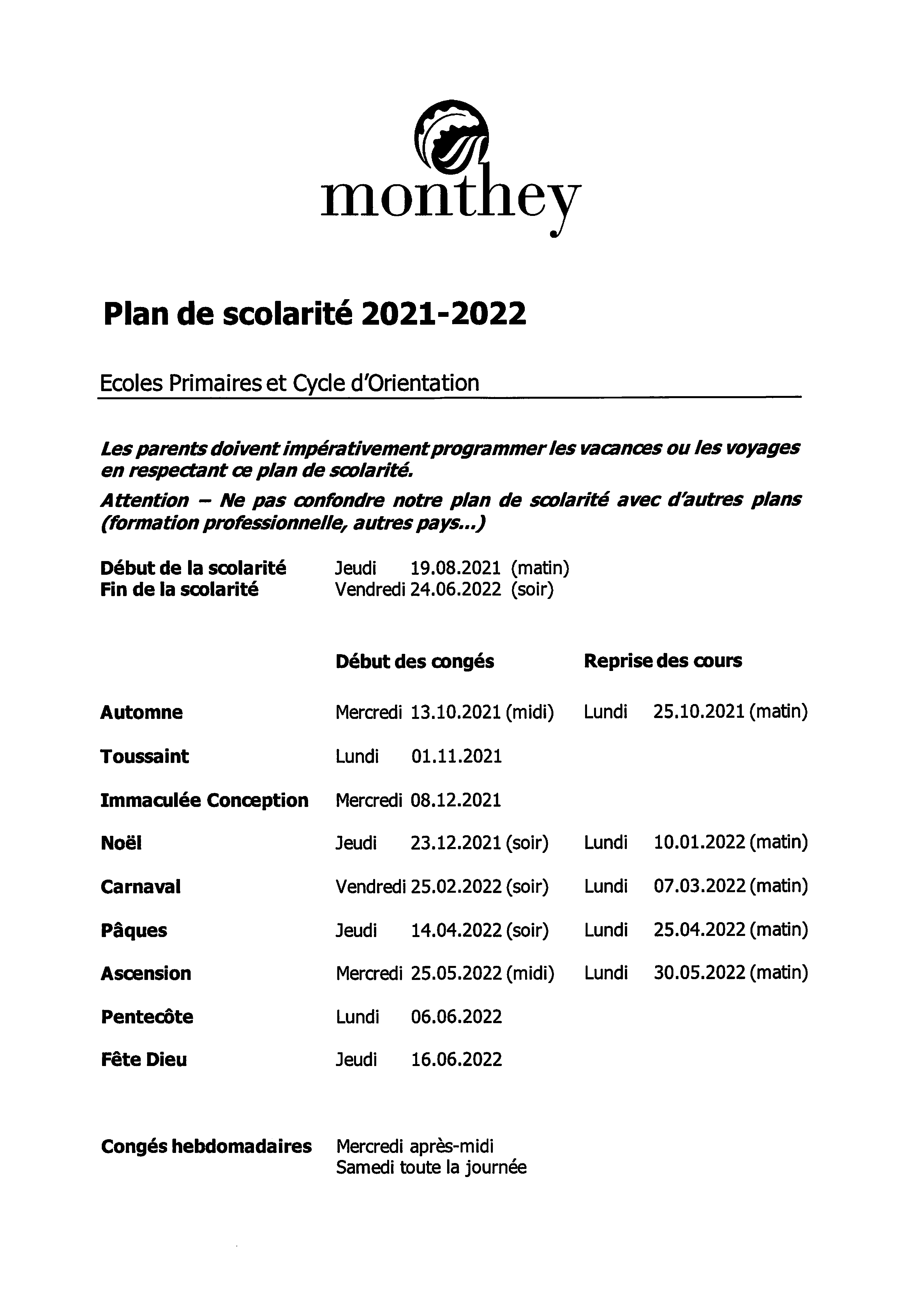 Plan de scolarité 2021 2022